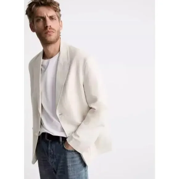 ZARA Linen Blend Sports Coat Blazer Jacket Ivory Cream Size Large - Picture 2 of 15